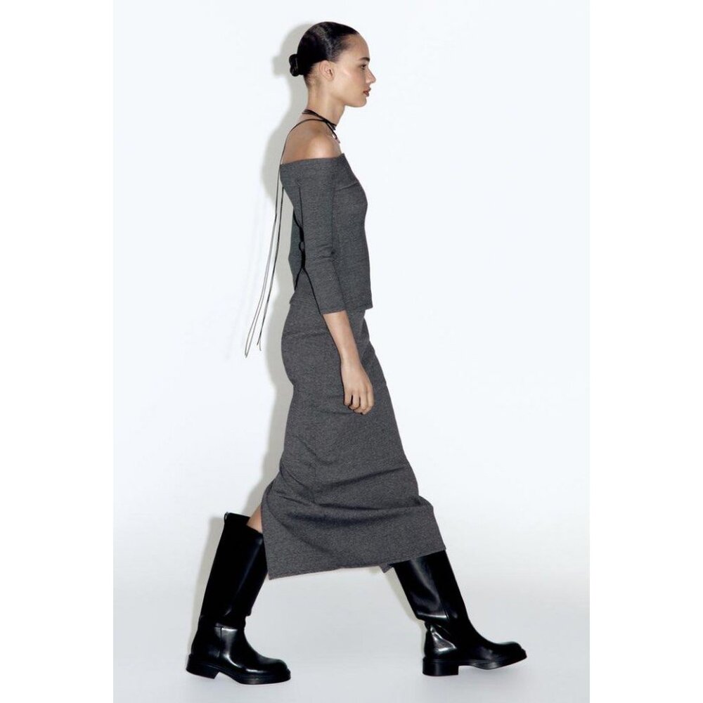 ZARA Textured Ribbed Midi Skirt Gray Marl Size M NEW with Tags!